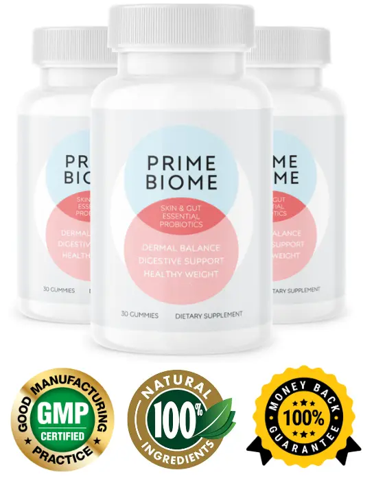 PrimeBiome probiotic supplement bottle for skin and gut health